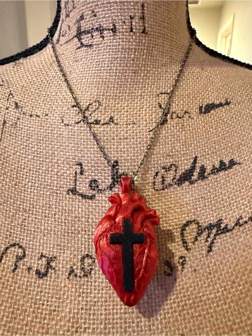 Anatomical Heart & Cross Necklace – Red & Black Christian Goth Jewelry